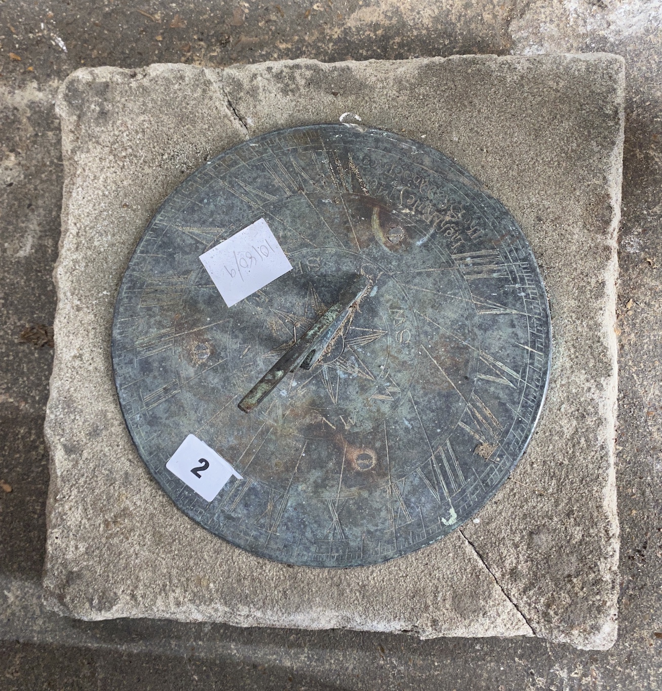 A circular metal and reconstituted stone sun dial, width 30cm - Image 2 of 2