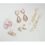 Two modern pairs of 14k drop earrings including pink cubic zirconia, 15mm, gross weight 10.1