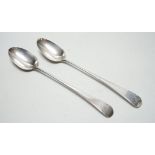 A pair of George III Old English pattern base marked basting spoons, London 1771?, 30cm, 7oz.