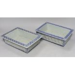 Two 19th century Chinese blue and white double walled planters, 24cm wide, 16cms deep,