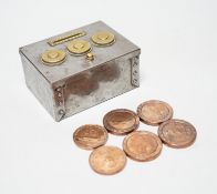 A metal and brass money box (locked) and contents together with 1797 twopence copper coins,