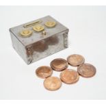 A metal and brass money box (locked) and contents together with 1797 twopence copper coins,