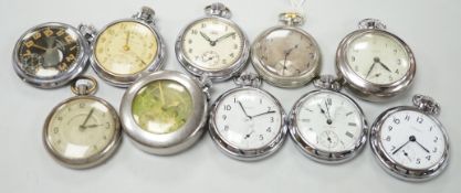Ten assorted base metal pocket watches including Ingersoll football related, Smiths and Smiths