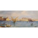 Galea, watercolour, Entrance of Grand Harbour, Malta, signed, 16 x 34cm