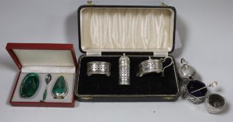 A modern cased silver three piece condiment set, a similar Danish enamelled sterling set (a.f.)