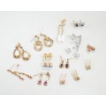 Ten assorted pairs of 9ct and 9ct and gem set earrings, including white opal, gross weight 22.3