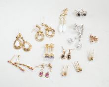Ten assorted pairs of 9ct and 9ct and gem set earrings, including white opal, gross weight 22.3