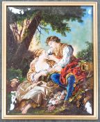 A Limoges enamel plaque, decorated with two lovers wearing 18th century dress before a landscape,