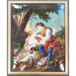 A Limoges enamel plaque, decorated with two lovers wearing 18th century dress before a landscape,