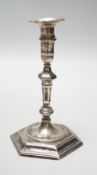 A George II cast silver taper stick, James Gould, London, 1732, 10.8cm, 3oz, with later? unmarked