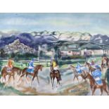 Pierre Gaillardot (French, 1910-2002), watercolour, Racehorses before the start, signed, 45 x 60cm