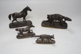 After Pierre-Jules Mêne (1810 – 1879) Four bronze models of foxes and horses, the largest 12.5cm