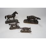 After Pierre-Jules Mêne (1810 – 1879) Four bronze models of foxes and horses, the largest 12.5cm