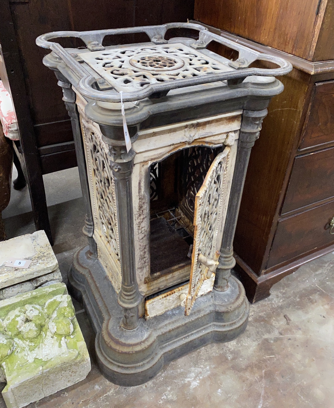 A 19th century French enamelled cast iron conservatory heater, lacking burner, width 44cm, height - Image 2 of 2