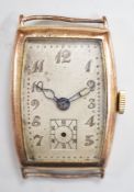 A gentleman's mid 1930's 9ct gold Omega manual wind wrist watch, with case back inscription, no