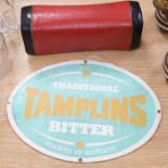 An oval Tamplins bitter advertising sign and a Japanese pillow, the largest 39cm wide