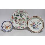 A Chinese famille rose plate, dish and saucer, Qianlong period, painted with a deer, flowers and