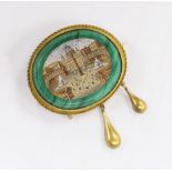 A Victorian yellow metal mounted malachite micro mosaic drop brooch, width 44mm, gross weight 21