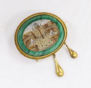A Victorian yellow metal mounted malachite micro mosaic drop brooch, width 44mm, gross weight 21