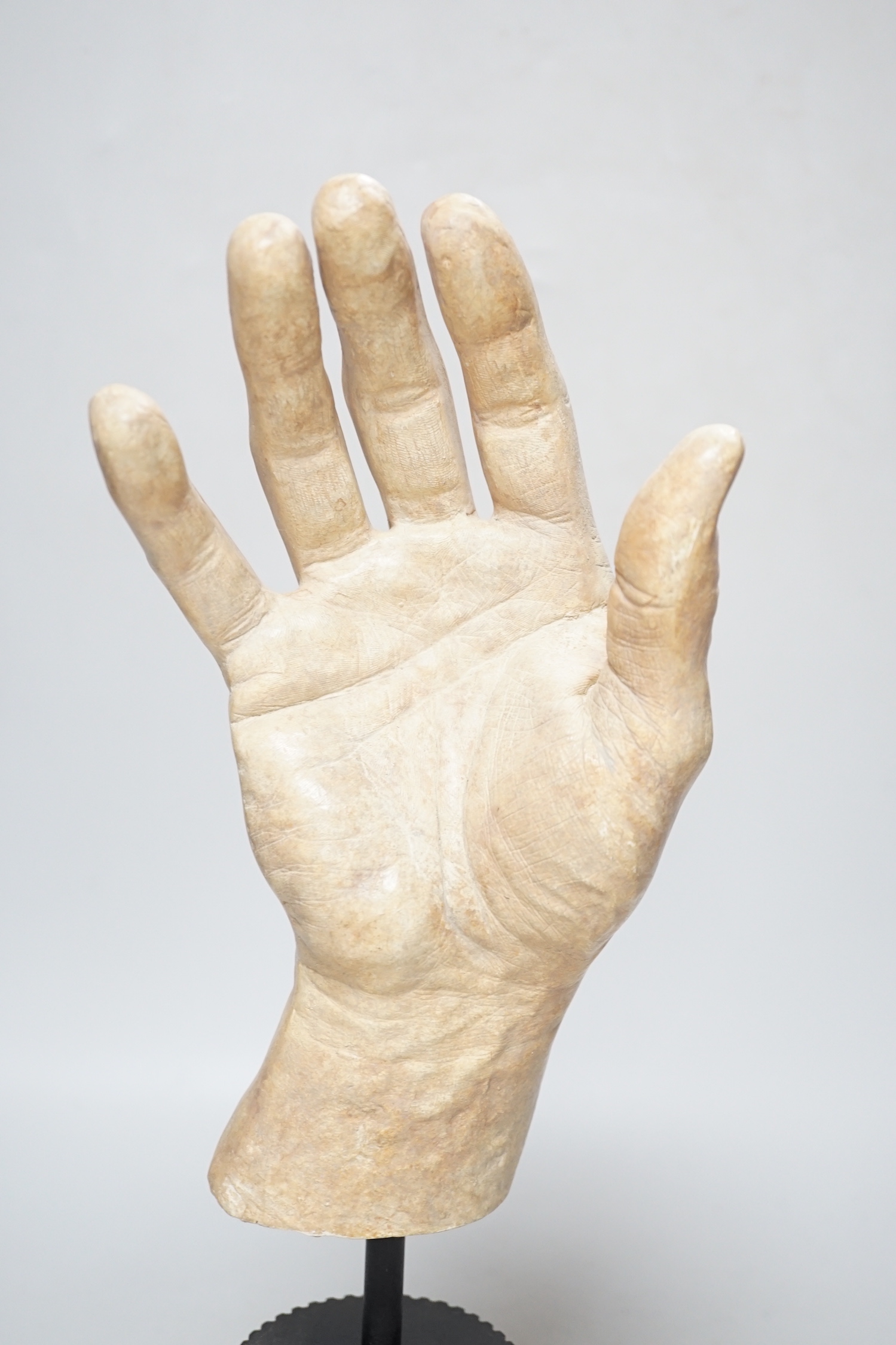 A composition model of a hand raised on a circular column base, 38cm high - Image 2 of 4