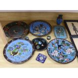 Collection of Japanese cloisonné enamel plates, napkin rings and a vase, each enamelled with birds