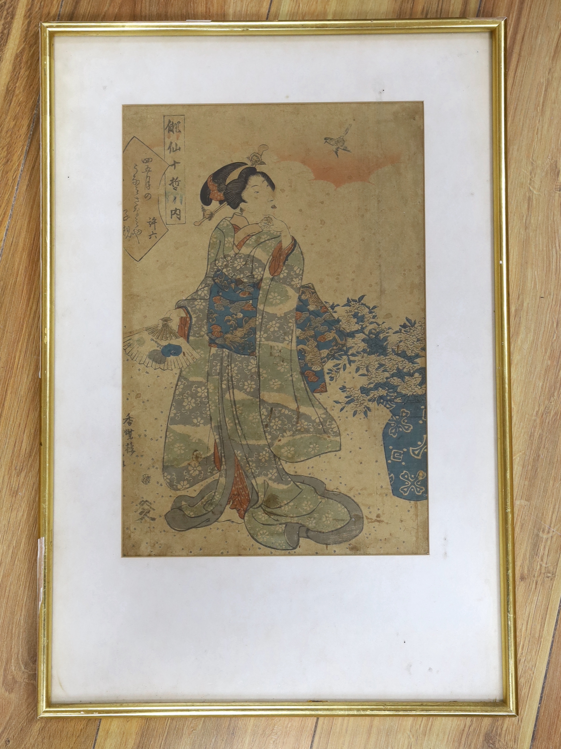 Japanese School, woodblock print, Geisha in a garden, 34.5 x 23cm - Image 2 of 2