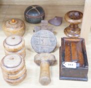 An 18th century oak salt/herb box, a collection of treen boxes, wood block and a pottery box and