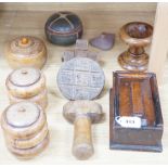 An 18th century oak salt/herb box, a collection of treen boxes, wood block and a pottery box and