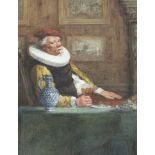 19th century Continental School, watercolour, 15th century gentleman seated at a table, 20 x 15cm