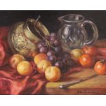 Alan Sutherland (1931-2019), oil on board, Still life of fruit on a table top, signed, 34 x 44cm