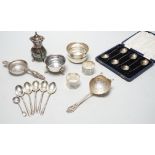 Sundry small silver including condiments, napkin rings and flatware.