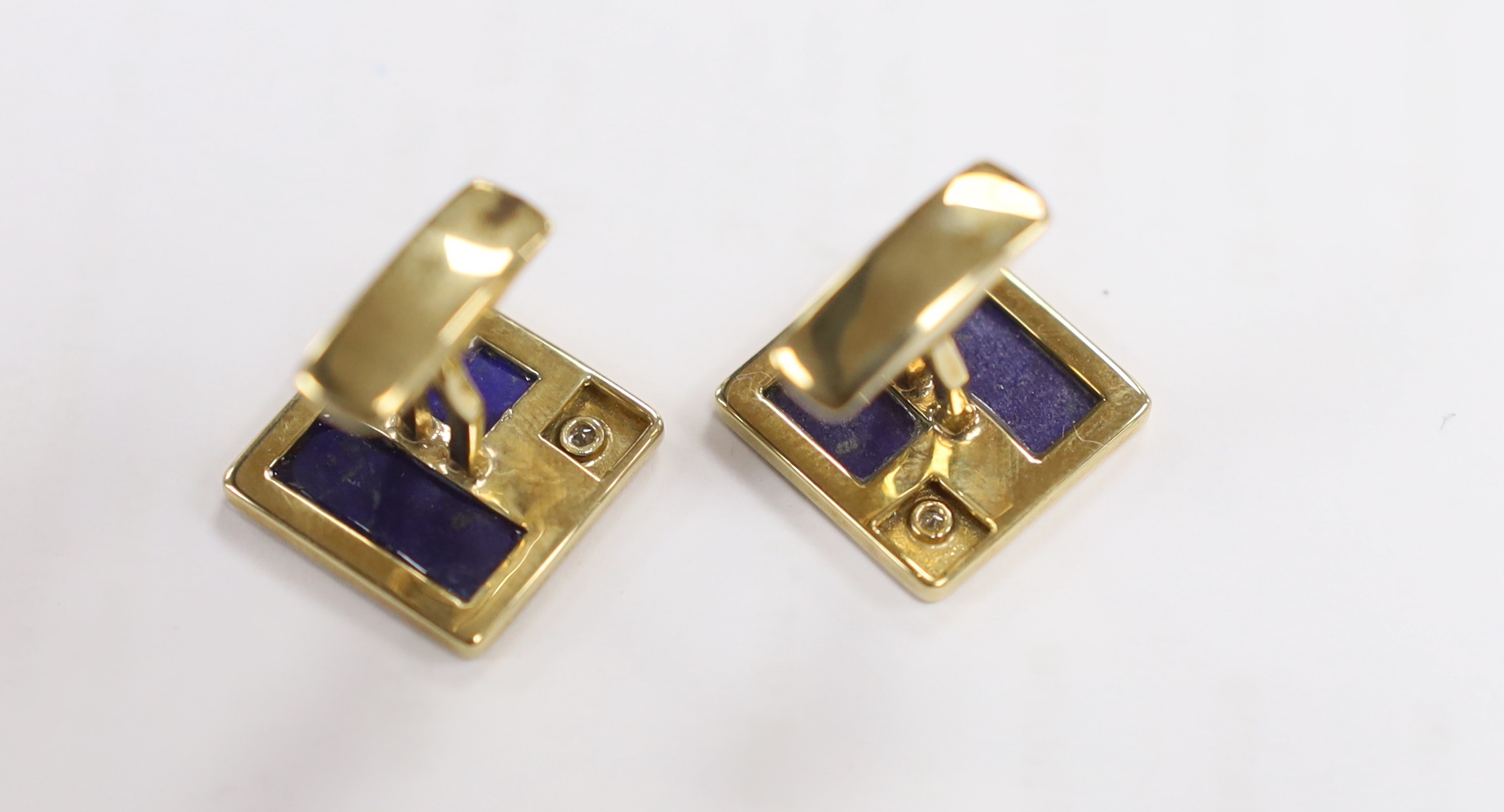 A modern pair of 9ct gold, lapis lazuli and diamond set square cufflinks, 16mm, gross weight 8.9 - Image 2 of 2