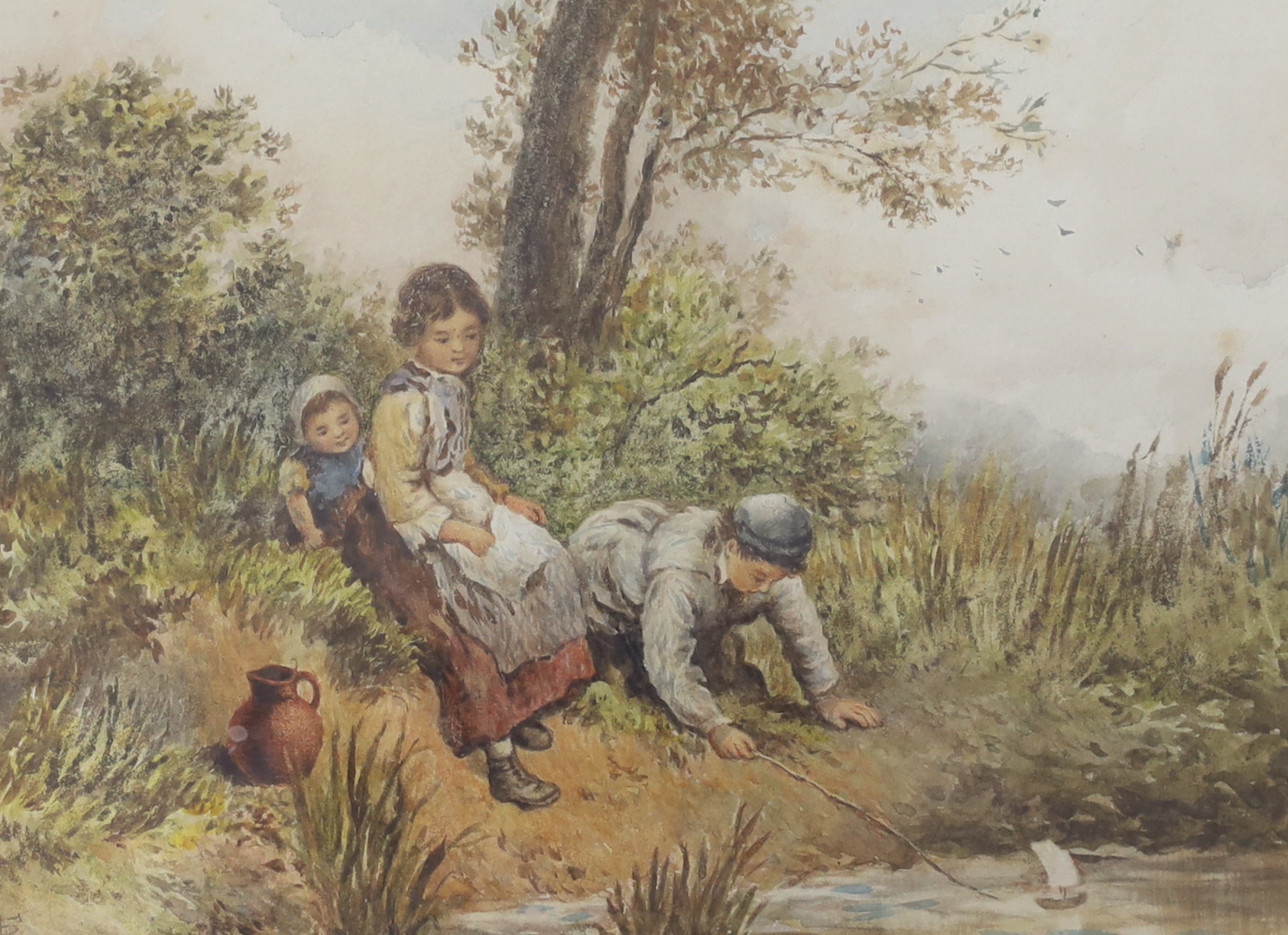 After Myles Birkett Foster (1825-1899), watercolour, Children on a river bank, bears monogram, 17