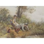 After Myles Birkett Foster (1825-1899), watercolour, Children on a river bank, bears monogram, 17