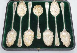 Three pairs of Georgian silver gilt Old English pattern berry spoons, 1782, 1805 and 1808 and a