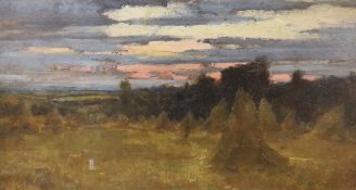 S. Wilson, oil on board, Harvest field at sunset, 15 x 29cm