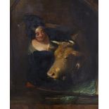 Victorian School, oil on board, Woman feeding a cow, 48 x 39cm