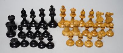 A Staunton pattern lead weighted boxwood and ebony chess set, kings 8.3cm high