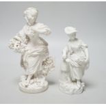 An 18th century Derby biscuit figure of a woman representing Autumn and a Derby biscuit figure of