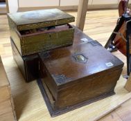 A George III mahogany and brass bound writing slope, a painted sewing box and an oak brass mounted