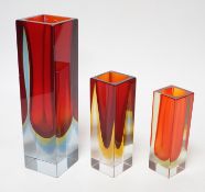 Three Murano Sommerso square glass vases, Tallest 21cm