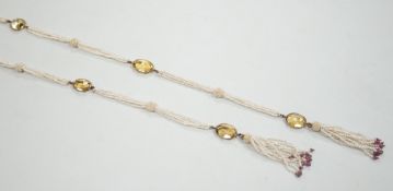A 19th century Indian multi strand seed pearl and oval cut citrine set long necklace, with gem set