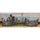 Three Paris Street Art oils on canvas, 'Moulin Rouge' and other street scenes, signed by Benson &