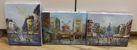 Three Paris Street Art oils on canvas, 'Moulin Rouge' and other street scenes, signed by Benson &