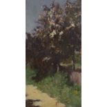 John White (1851-1933), oil on canvas, Flowering trees beside a lane, signed, 45 x 24.5cm