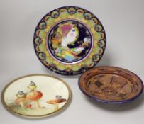 A Cauldon plate painted with blue tits on toadstools and a butterfly on another, signed R.