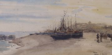 James McBey (1883-1959), ink and watercolour, Hastings, signed and dated 1925, 18.5 x 38.5cm