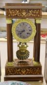 A French Charles X rosewood and marquetry portico clock, 25.5cm wide, 52cm high