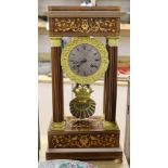 A French Charles X rosewood and marquetry portico clock, 25.5cm wide, 52cm high