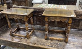 A pair of 17th century style rectangular carved oak joint stools, width 46cm, depth 28cm, height